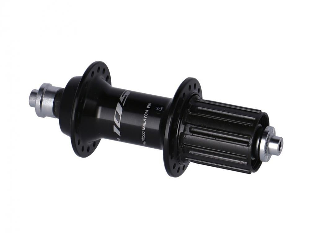 Schwarze Shimano 105 FH-R7000 Hinterradnabe mit 32 Loch und Schnellspanner.