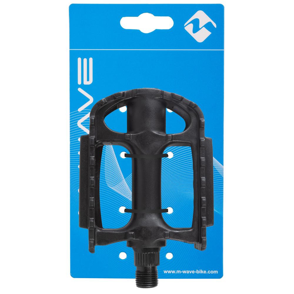Schwarze M-WAVE Steady-K3 Fahrradpedale aus Thermokunststoff mit Stahlachse und Reflektoren, 95x72 mm, StVZO-geprüft.