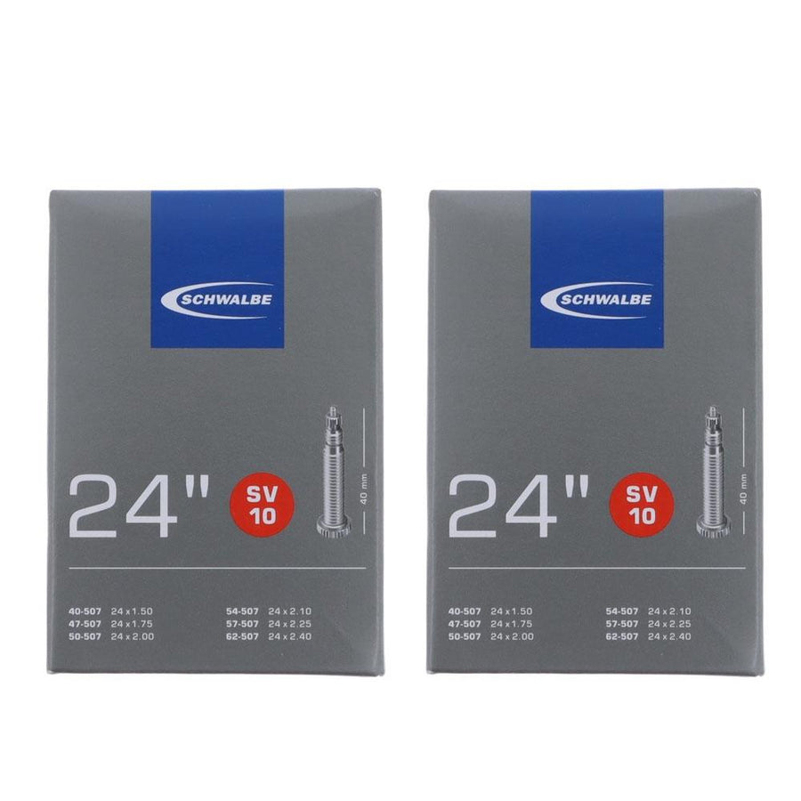 Schwalbe 2er Pack Fahrradschläuche SV10, 24 Zoll, ETRTO 47-507 bis 62-507, in grauen Kartons.