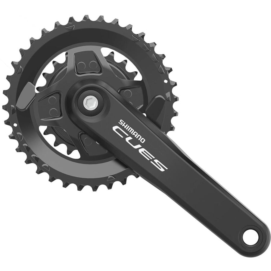 SHIMANO CUES FC-U4000 Kurbelgarnitur 175mm, 36-22 Zähne, 11-fach, schwarz auf weißem Hintergrund.
