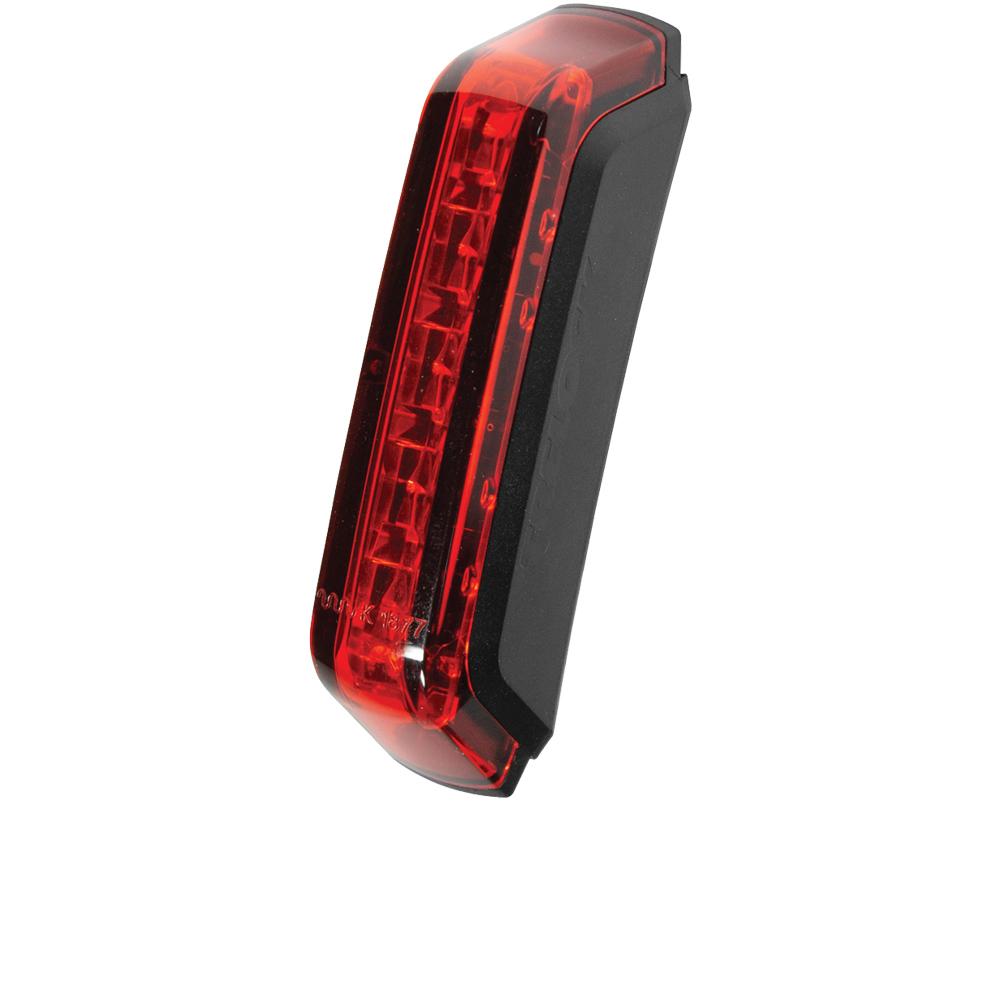 Rotes Trelock E-Bike Rücklicht LS 411 mit sichtbaren LEDs für E-Bikes auf weißem Hintergrund.