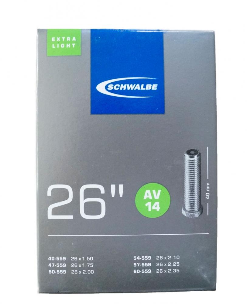 Schwalbe Fahrradschlauch AV14 26 Zoll extra leicht, 40mm Autoventil für 40-60mm Reifen.