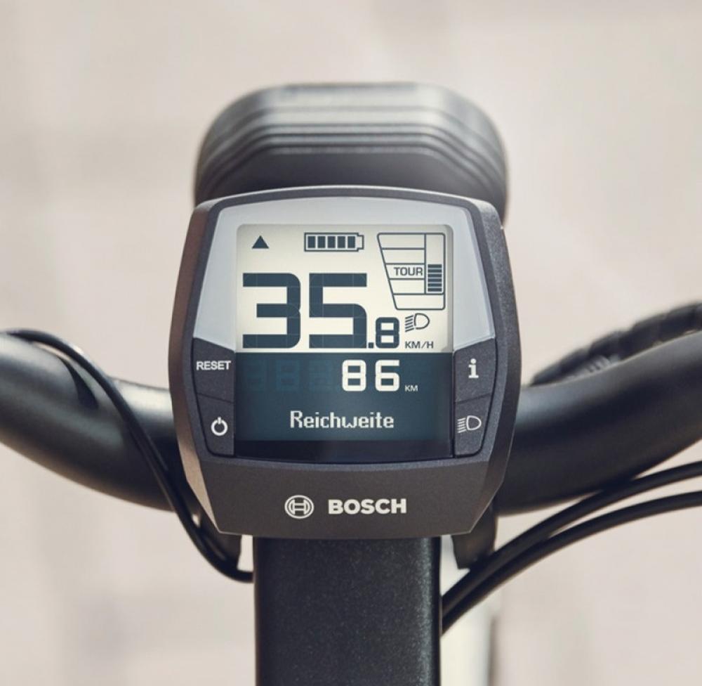 Bosch Intuvia eBike Display BUI255 anthrazit, zeigt 35.8 km/h, 86 km Reichweite und TOUR-Modus.