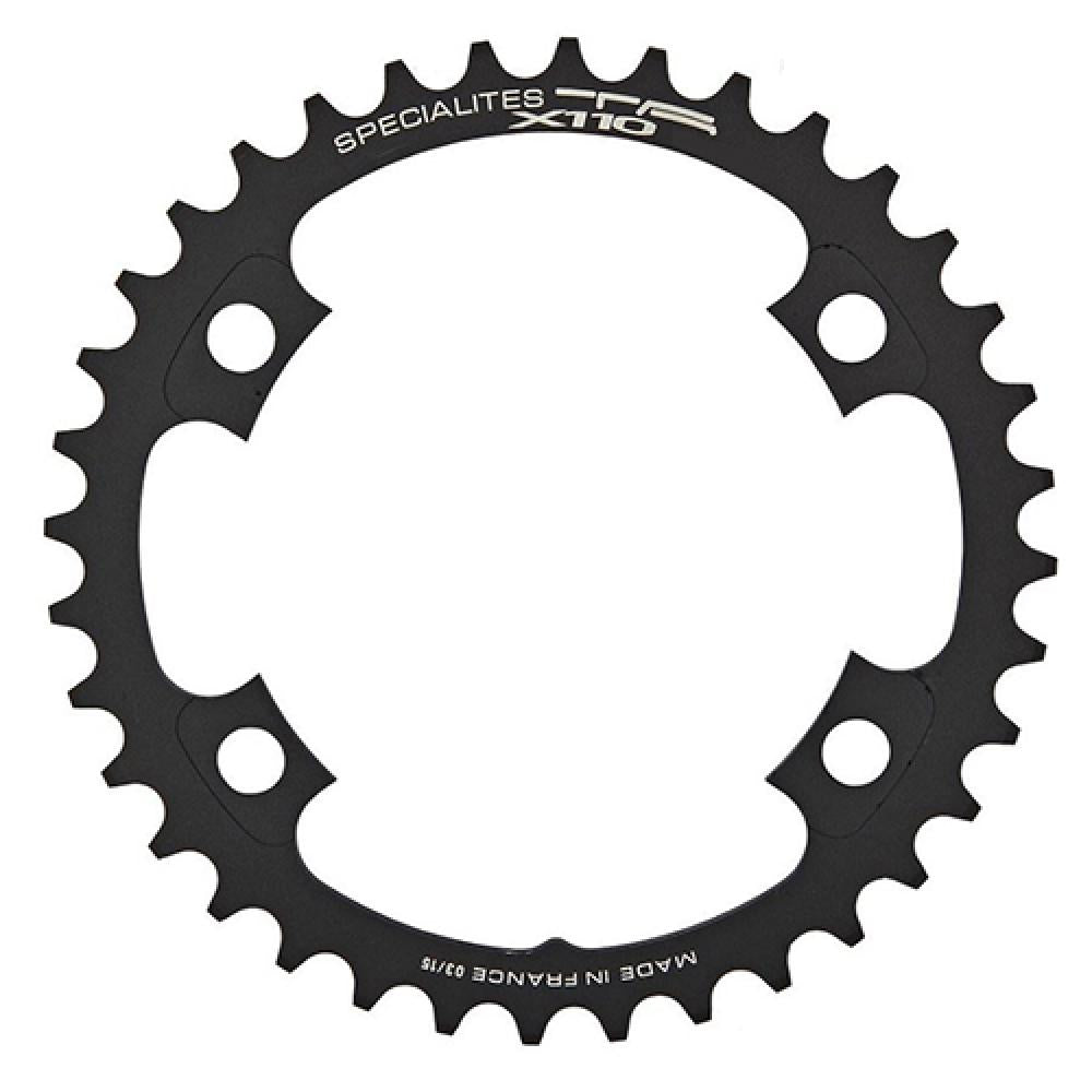 TA Kettenblatt X110 38Z anthrazit. Rundes Fahrrad-Kettenblatt mit vier Befestigungslöchern und Schriftzug.