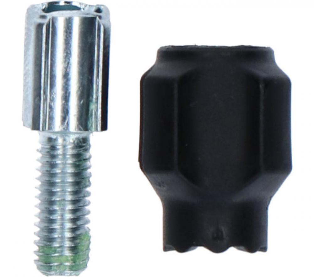SHIMANO SL-M370 Kabel-Einstellschraube zur Feineinstellung mit silberner Metallschraube und schwarzer Kunststoffkappe.