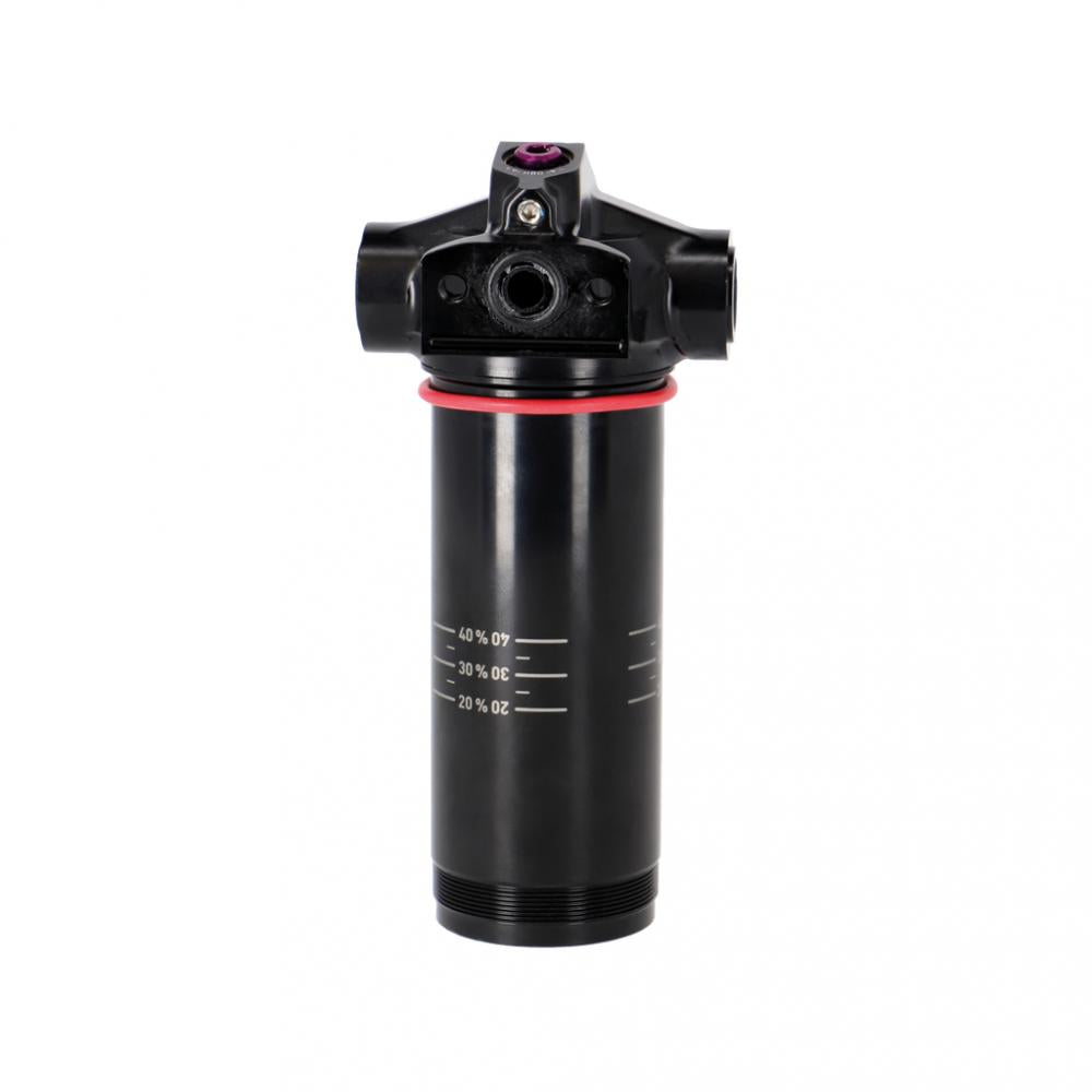 RockShox Eyelet Dämpfer Body Assembly Trunnion 50 Vivid C1+ 2024+. Schwarzes Federbein mit Skala und rotem Ring.