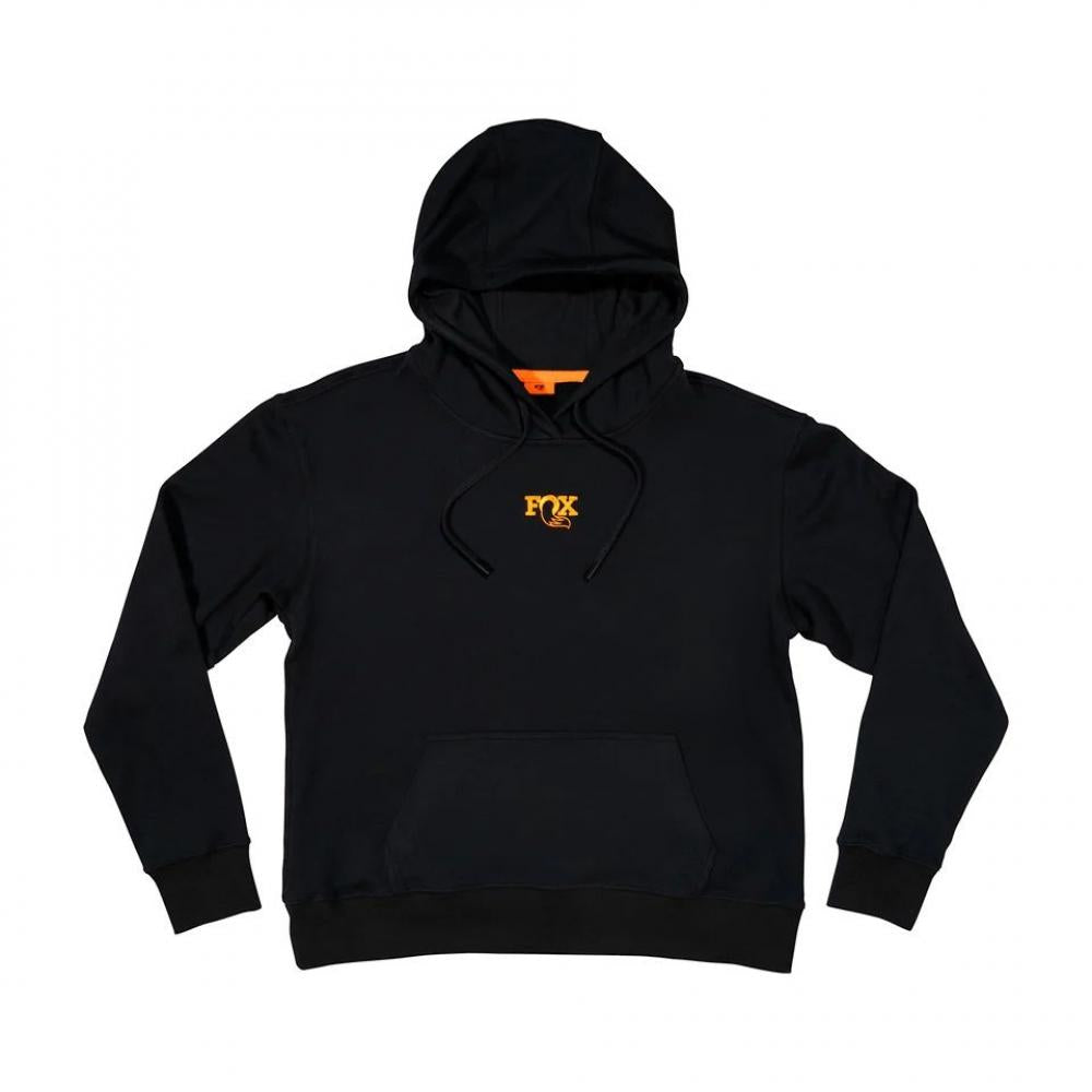 Schwarzer FOX Logo Damen Hoodie Gr. L mit orangefarbenem Logo und Kordeln.