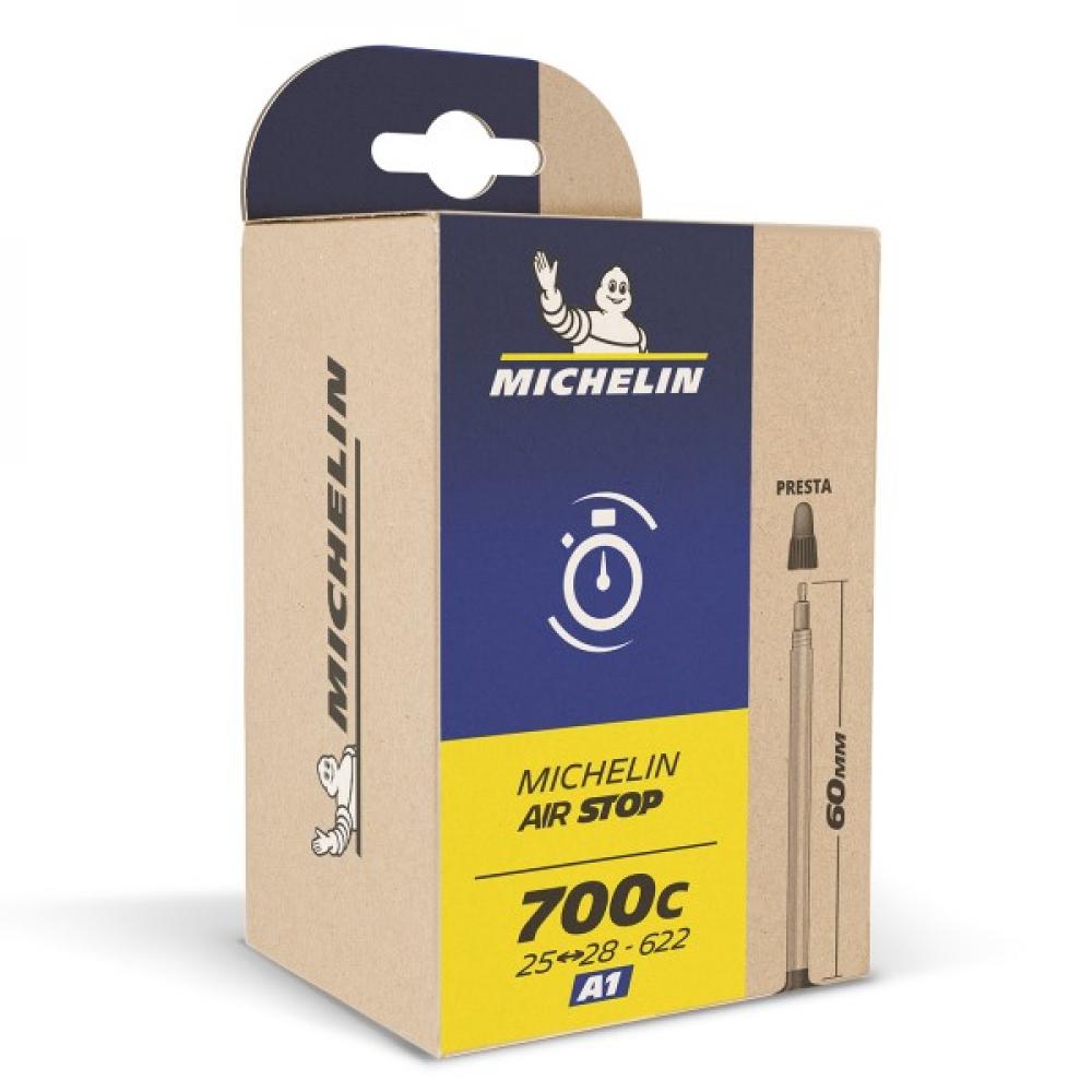 Michelin Airstop Fahrradschlauch 29x2.45-3.00 SV 48mm in braun-blauer Produktverpackung mit Ventilansicht.