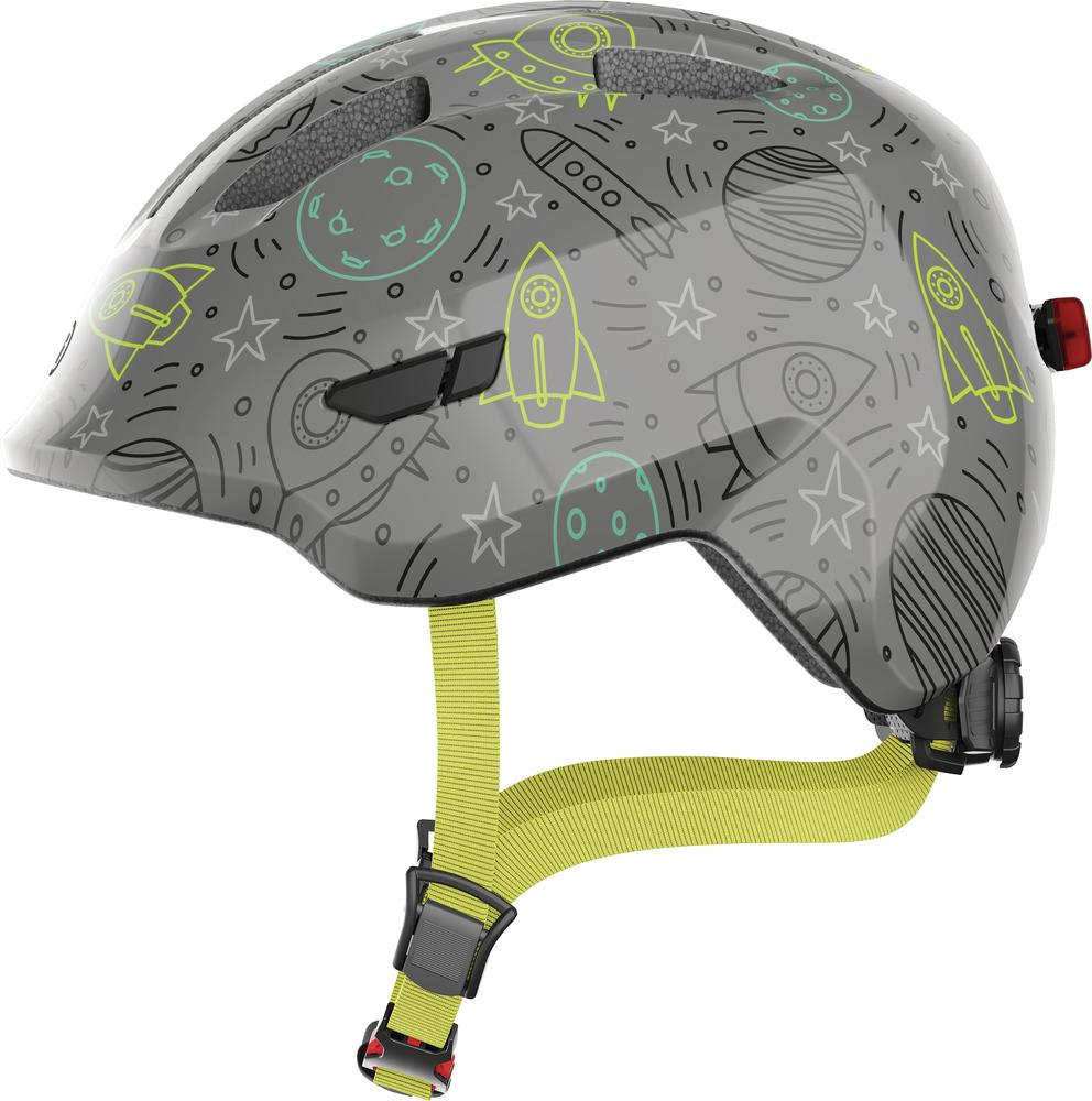Abus Kinderhelm Smiley 3.0 LED grau mit Weltraumdesign: Raketen, Planeten, Sterne.