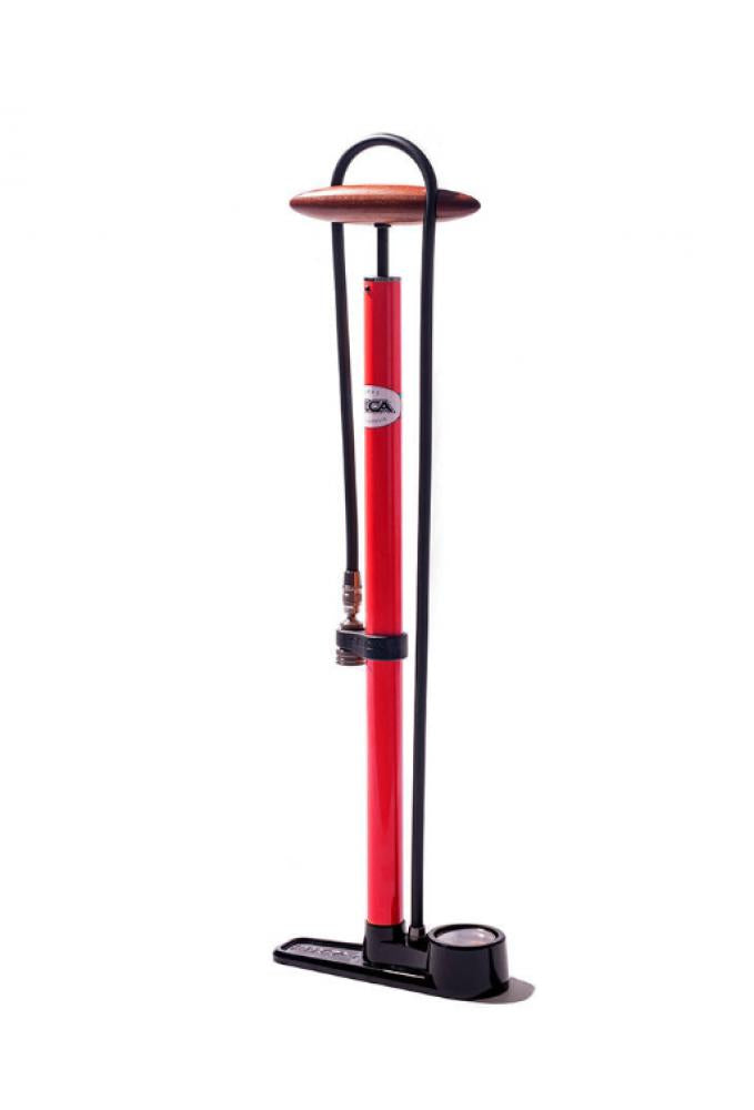 SILCA Pista Standpumpe Rot  Hochdruck-Standpumpe mit Stahlzylinder, Eschenholzgriff, Lederkolbendichtung, bis 15 bar, für Presta/Schrader-Ventile, inkl. Manometer