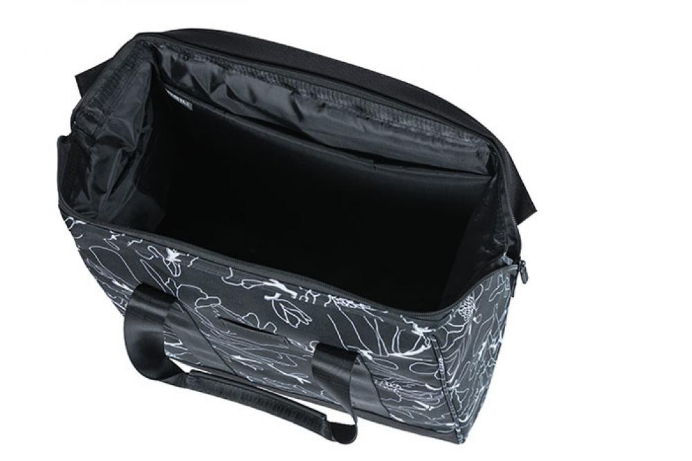 Basil Grand Flower Fahrrad-Shoppertasche schwarz Hook On, offen, Innenansicht. 23l, 34x19x35cm.