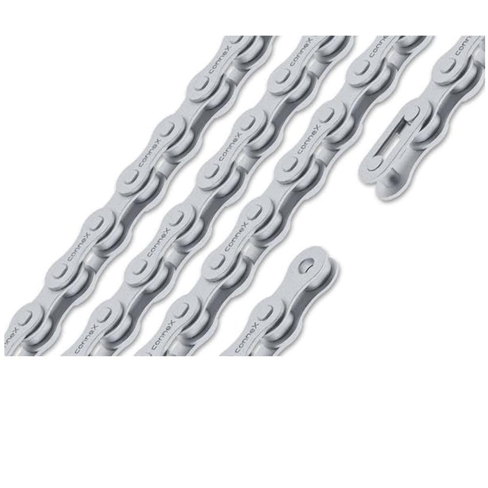 Silberne ConneX 1s Fahrradkette mit 108 Gliedern und Snap-on-Verschluss für 1/2Z x 3/32Z Antriebe.