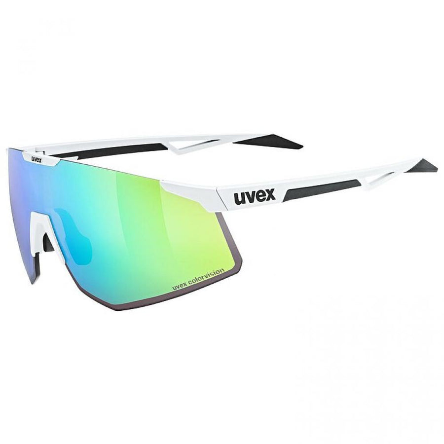 uvex Sportbrille pace perform CV white matt glossy green, mit colorvision für kontrastreiche Sicht, verspiegelte Gläser, 100 % UV-Schutz, anti-fog Beschichtung, ideal für Radsport und Running