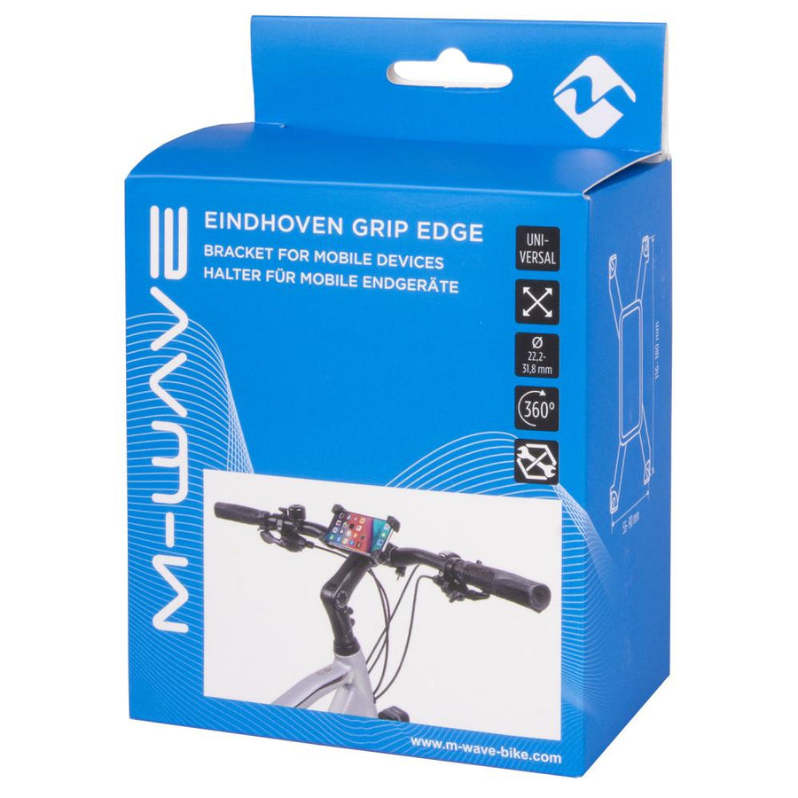 M-Wave Eindhoven Grip Edge Smartphone-Halter, 360° drehbar, Clip-On für Ø 22,2-31,8 mm, ABS, universal, stoßdämpfend