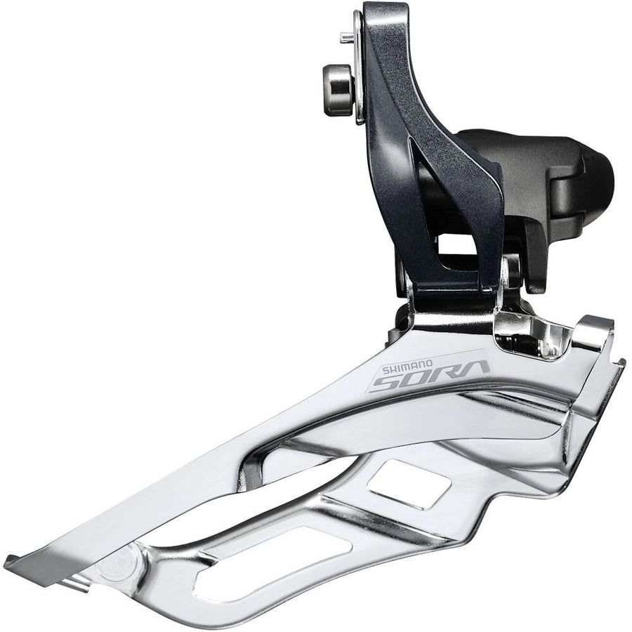 SHIMANO Sora FD-R3030 9-fach Umwerfer Anlöt für Rennräder, silberner Kettenkäfig und schwarze Gelenkkonstruktion.