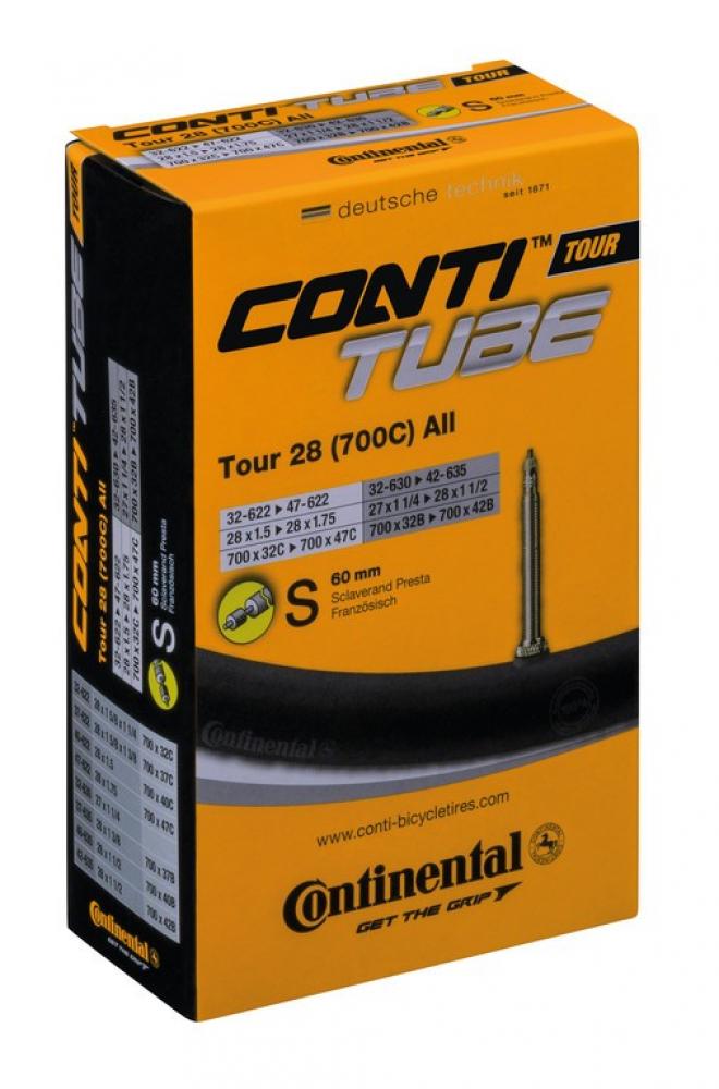Continental Fahrradschlauch Tour 28 All SV 60mm für 27/28 Zoll (700C) Reifen. Hochwertiger Butylschlauch mit Presta Ventil.