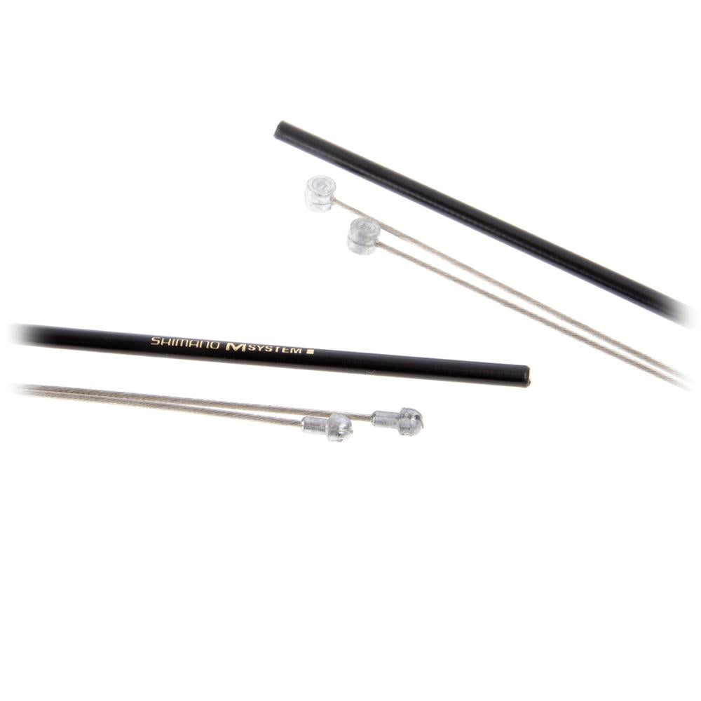 Shimano Road Edelstahl-Schaltzug-Set für Rennrad-Schaltsysteme mit schwarzen Außenhüllen und silbernen Schaltzügen.