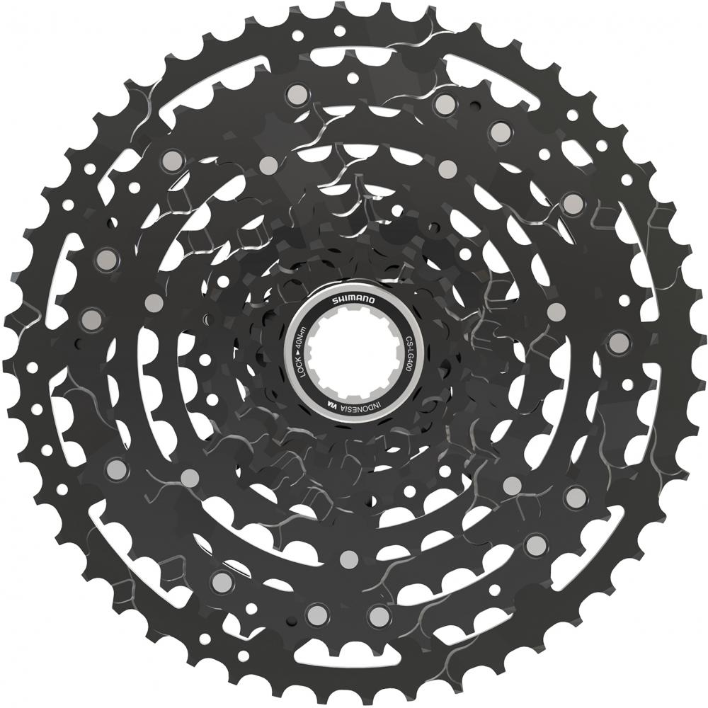 Dunkelgraue SHIMANO LINKGLIDE CS-LG400 10-fach Fahrradkassette mit 11-48 Zähnen.