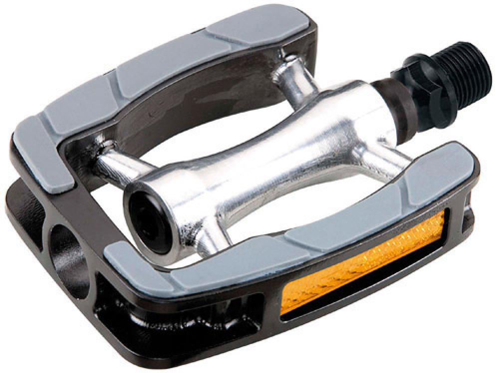UNION Tour/Trekking Fahrradpedal aus Aluminium, 9/16 Zoll, silber mit dunklem Rahmen, grauen Pads und Reflektor.