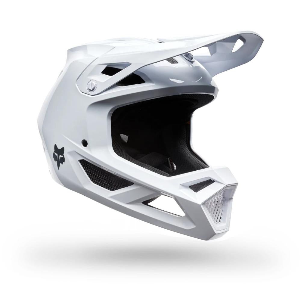 Weißer FOX Rampage Fullface MTB-Helm mit Mips, 360° Belüftung und verstellbarem Visier.