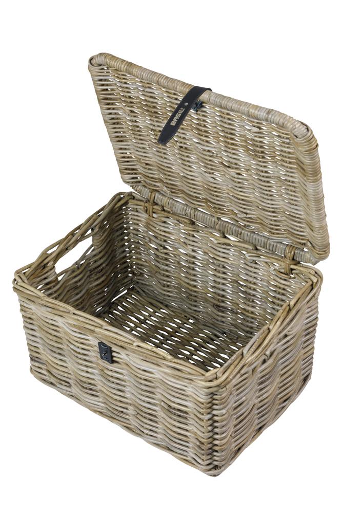 Offener Basil Dax L Vorderradkorb aus grauem Rattan mit Deckel, 36x48x30 cm, 5kg Traglast.