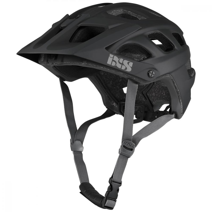 Schwarzer iXS Trail EVO Fahrradhelm, leichter All-Mountain MTB-Helm mit 360 Grad Schutz und Visier.