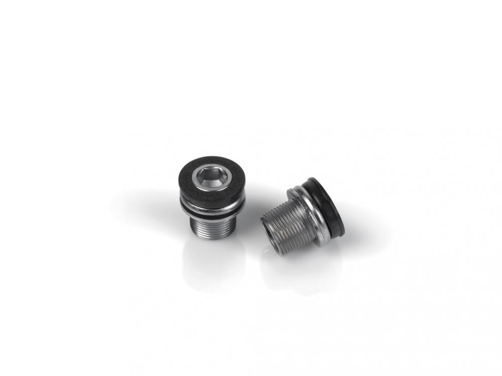 XLC Kurbelschraubenset M15 für Bosch Active/Performance, zwei silberne Kurbelschrauben mit schwarzen Dichtungen.