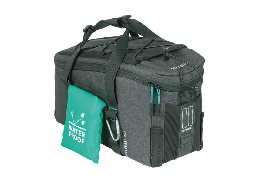 Basil Discovery 365D Trunkbag M schwarz 9l, wasserdichte Fahrrad-Gepäckträgertasche mit grünem Regenschutz.