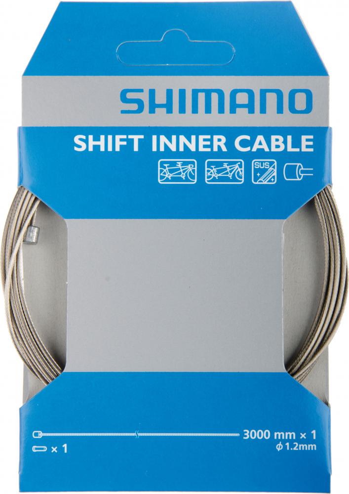 SHIMANO Tandem Schaltzug aus Edelstahl, 3000mm Länge, 1.2mm Durchmesser, in blauer und grauer Produktverpackung.