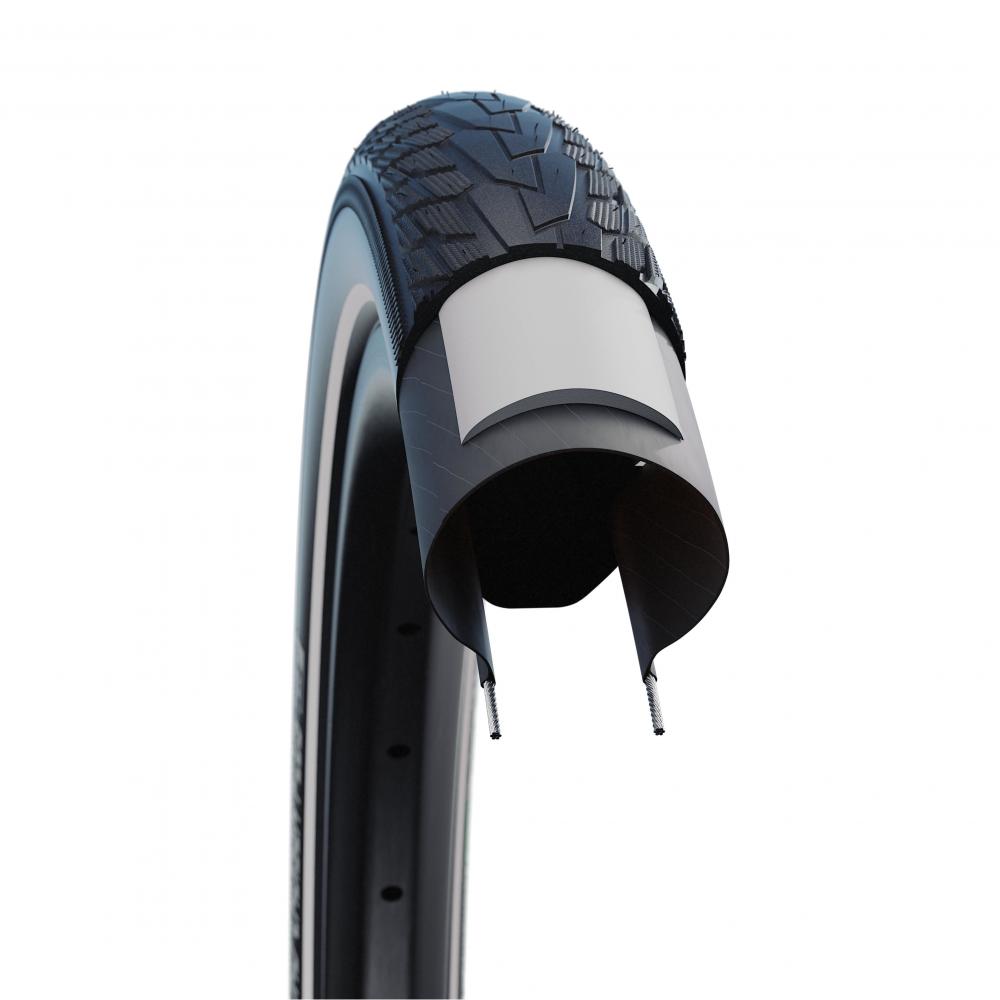 Schwalbe ROAD CRUISER PLUS Fahrradreifen Querschnitt mit GREEN PunctureGuard Pannenschutz und Active Line Technologie.