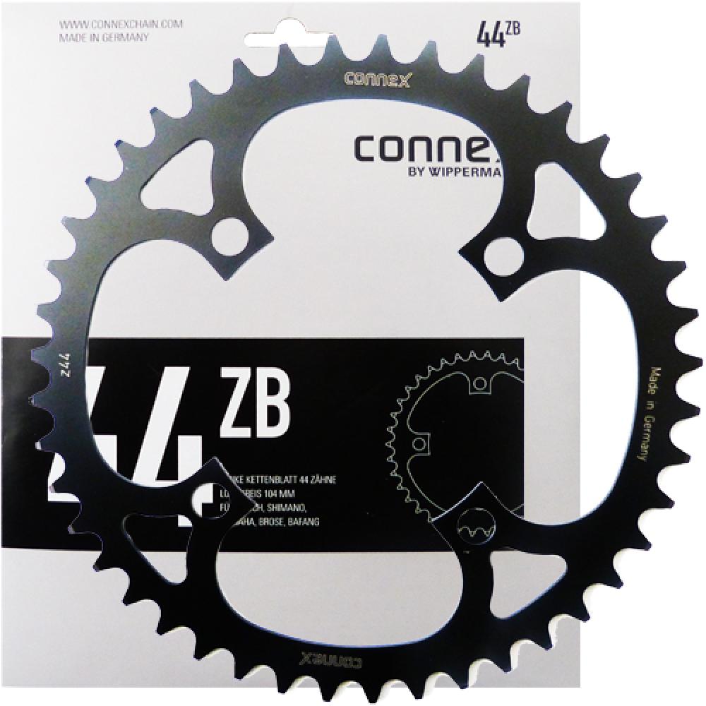 Schwarzes Connex E-Bike Kettenblatt 44 Zähne 104mm Lochkreis für Bosch Shimano Yamaha Brose auf Verpackung.