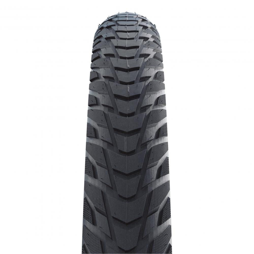 Schwalbe Marathon E-Plus Fahrradreifen 28x1.40" 37-622 schwarz Draht mit markantem Profil, frontal dargestellt.