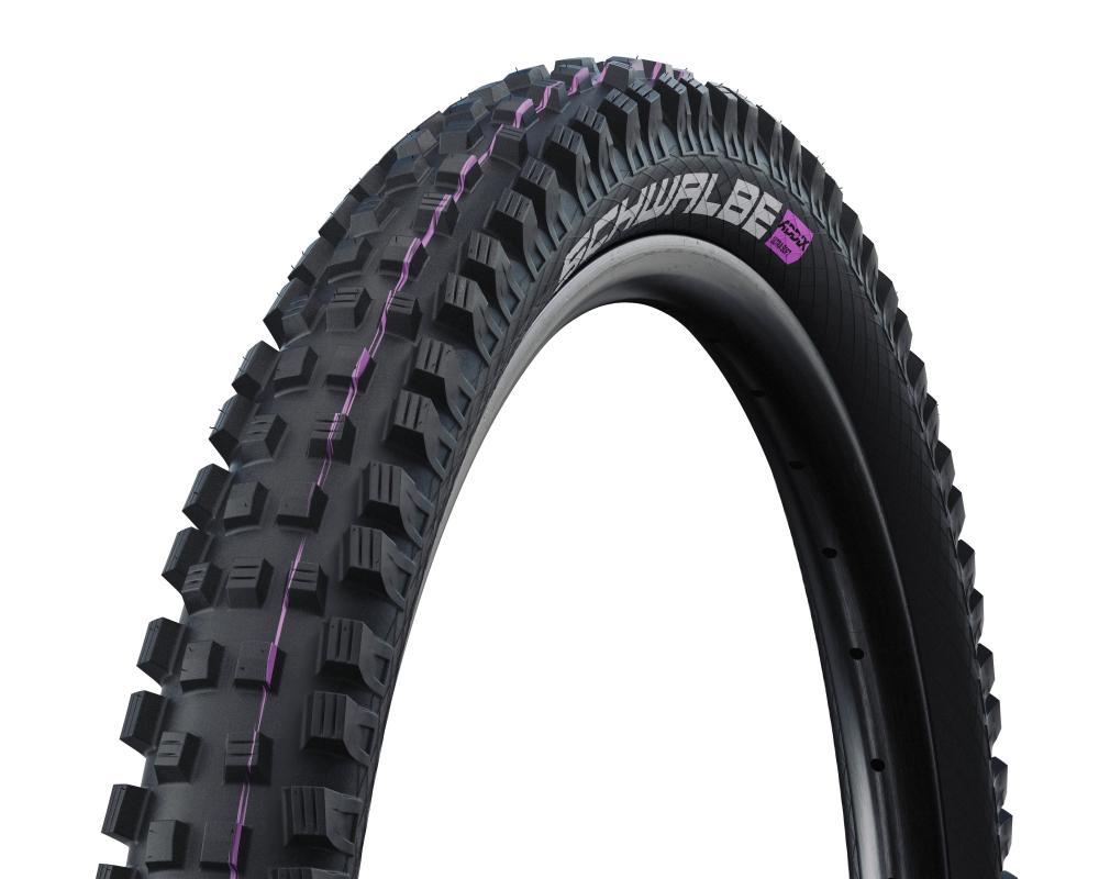 Schwalbe Magic Mary 29 Zoll Mountainbike-Reifen schwarz, faltbar, mit lila Akzenten und aggressivem Profil.