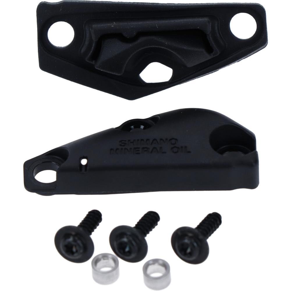 Schwarze Shimano Abdeckung für linke STRX400 Scheibenbremse, inklusive Befestigungsschrauben und Unterlegscheiben.
