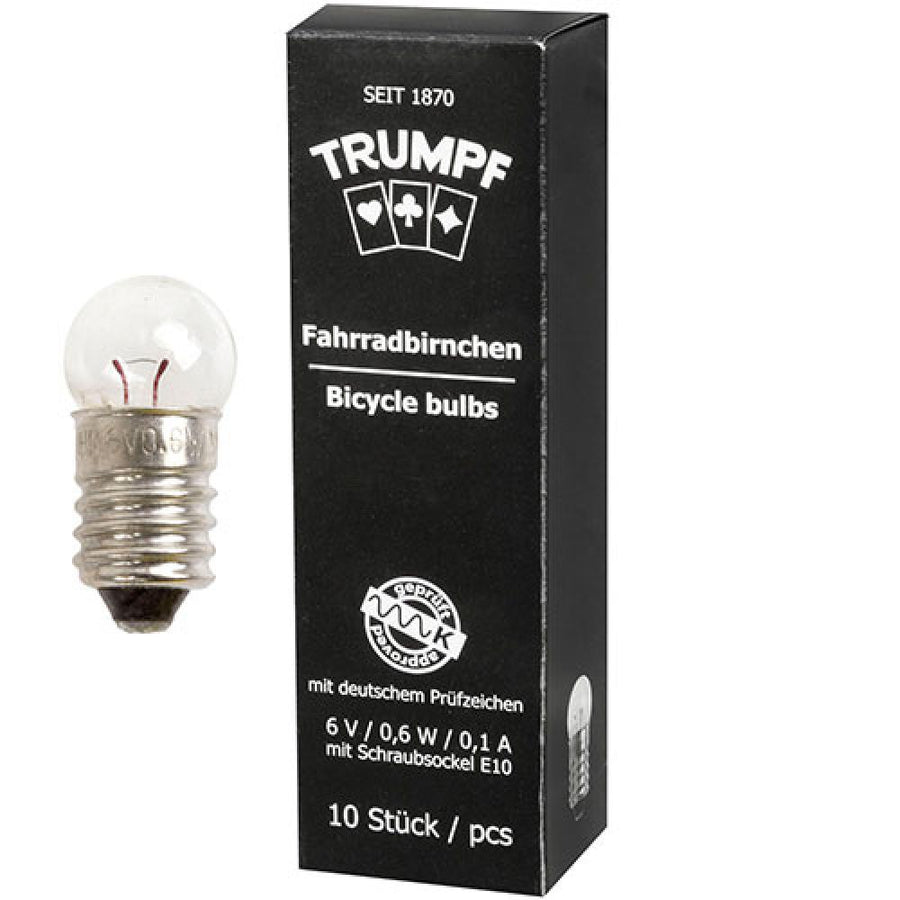 Messingschlager Trumpf Fahrrad-Glühbirnen 6V 0,6W, 10er Pack Ersatzlampen für Rücklicht an Fahrrädern und E-Bikes.