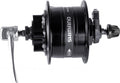 Schwarzer Shimano Nabendynamo DH-3D32, 6V/3W, 32 Loch, mit 6-Loch-Scheibenaufnahme und Schnellspanner.