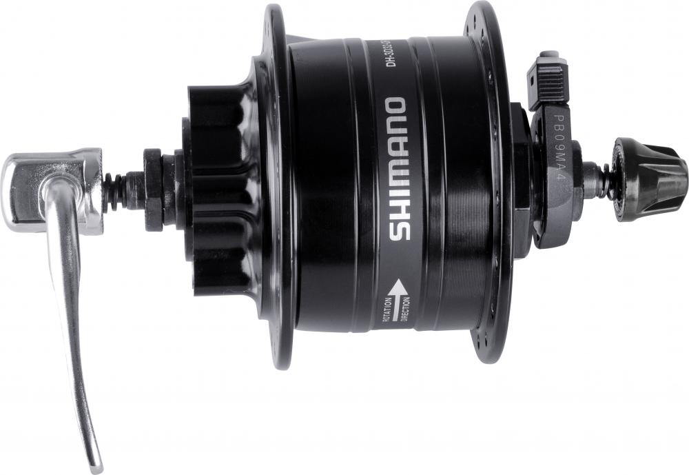 Schwarzer Shimano Nabendynamo DH-3D32, 6V/3W, 32 Loch, mit 6-Loch-Scheibenaufnahme und Schnellspanner.