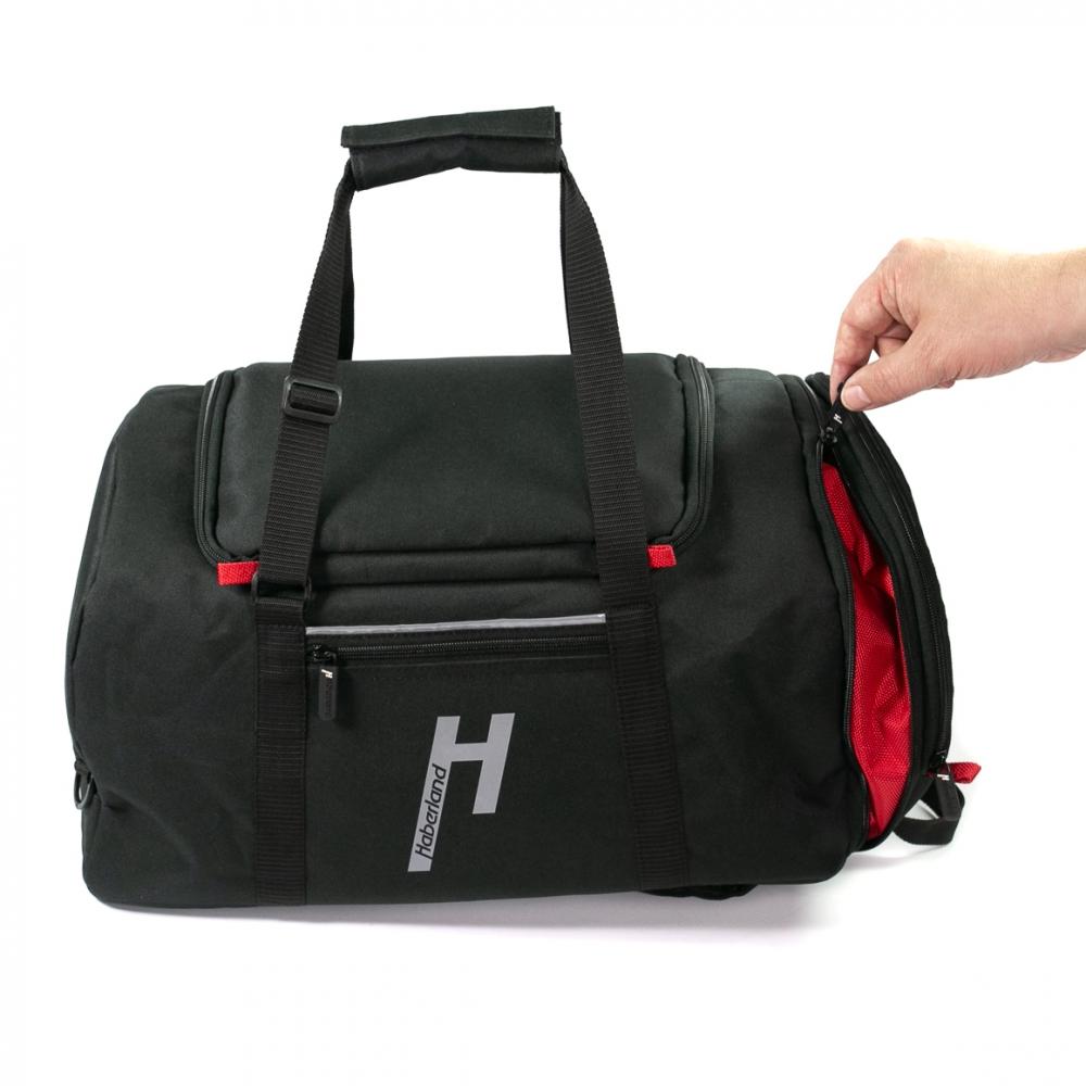 Haberland TranSPORTer schwarze vielseitige Sporttasche/Fahrradtasche mit Rucksackfunktion, Seitenfach geöffnet.