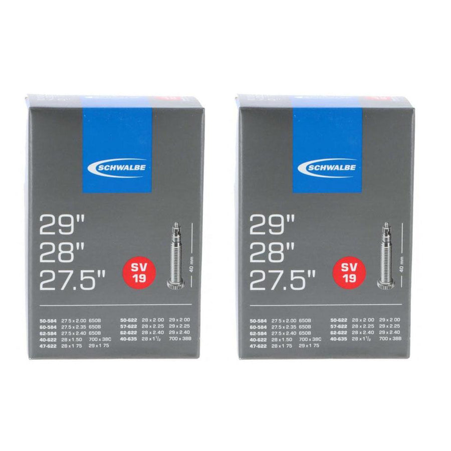 Zwei Packungen Schwalbe SV19 Fahrradschläuche für 27,5 bis 29 Zoll Reifen mit 40mm Sclaverand-Ventil.