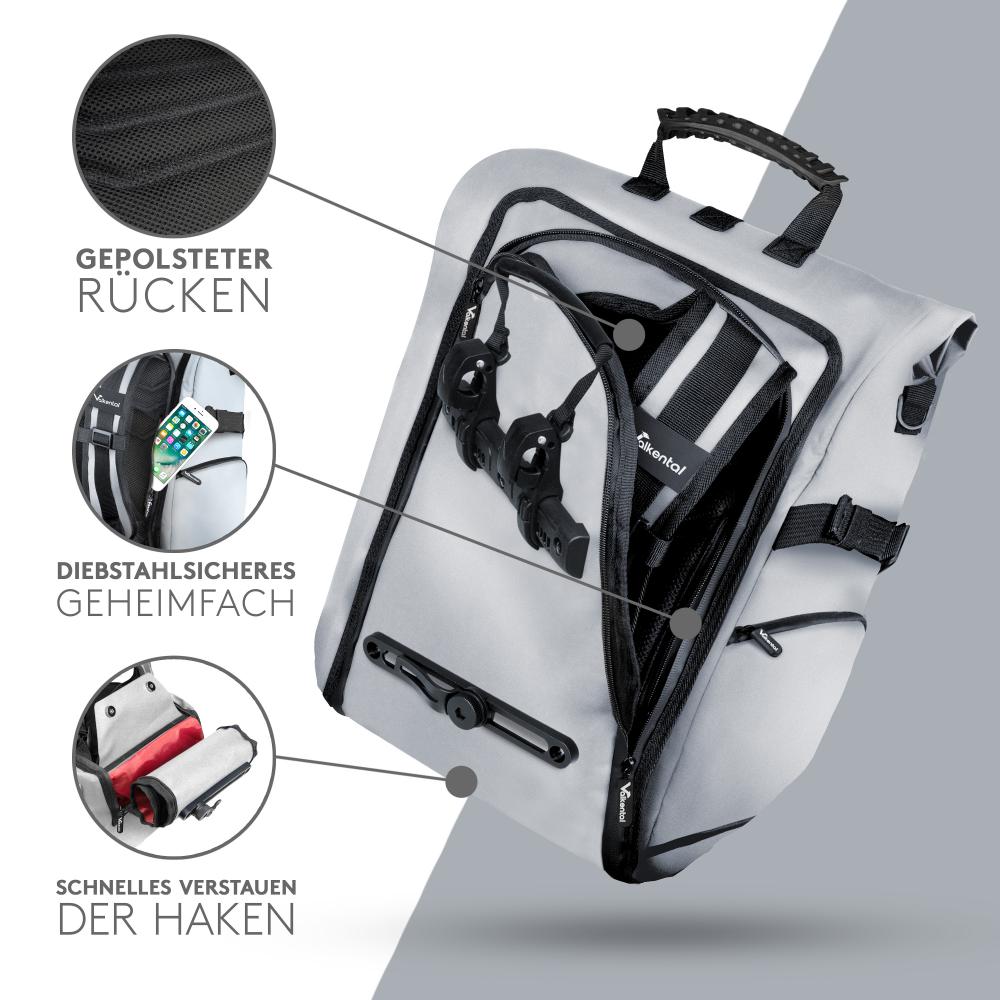 Valkental ValkPro 3in1 Fahrradtasche, wasserdicht, 22-26 Liter, Laptopfach bis 15", vollreflektierend, grau