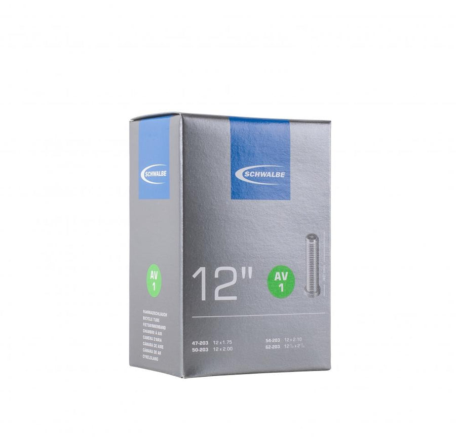 Schwalbe AV1 Fahrradschlauch 12" (47-203 bis 62-203), Autoventil 40mm, für Reifen 12 1/2x1.75 bis 12 1/2x2 1/4, hochwertige Butylqualität, hohe Lufthaltigkeit, geprüft auf Zuverlässigkeit
