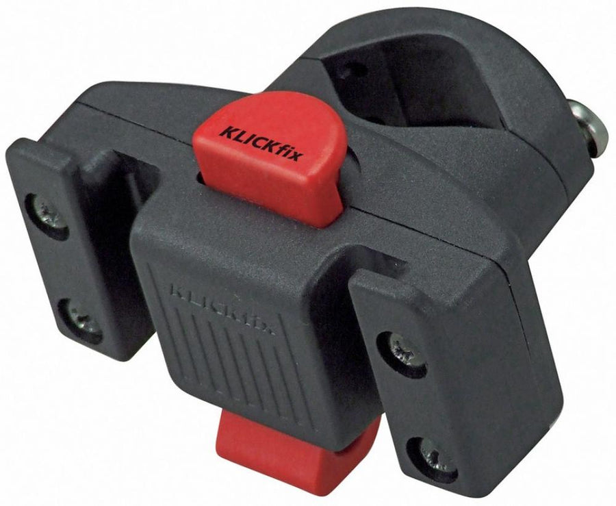 Klickfix Lenkeradapter Caddy schwarz. Fahrrad-Lenkerhalterung mit roten Klickfix-Knöpfen.