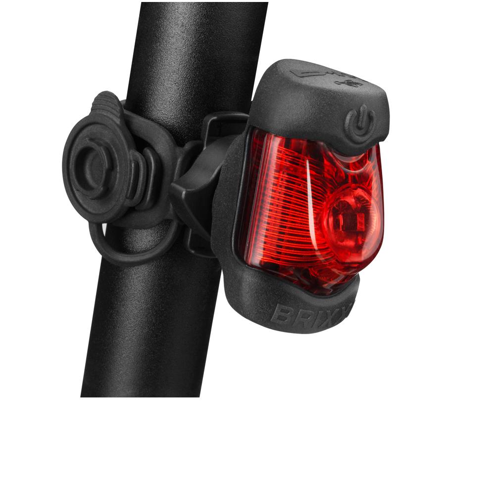 Busch + Müller BRIXXI LED-Akku-Rücklicht mit Bremslicht & Notbremslicht, StVZO-zugelassen, am Fahrrad montiert.