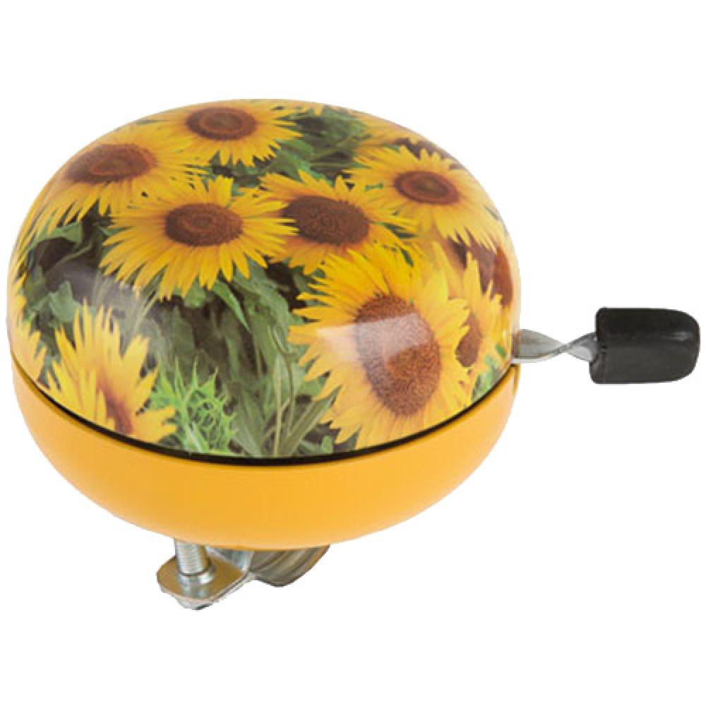 Messingschlager Fahrradklingel Ø 80mm mit farbigem Sonnenblumenmotiv auf gelbem Grund.