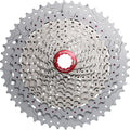 SunRace 11-fach Fahrradkassette in metallic mit 11-51 Zähnen und rotem Lockring.
