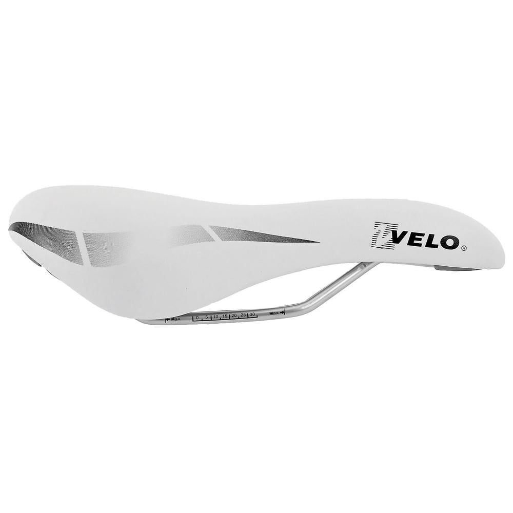 Velo Wide:Channel Damensattel, weiß, mit O-Zone Full Cut, D2-Konstruktion und Arc-Tech-Federung.