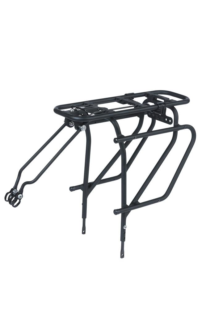 Schwarzer Basil Cargo Gepäckträger hinten für 26-28 Zoll Fahrräder, Aluminium, MIK-kompatibel, 30kg Traglast.