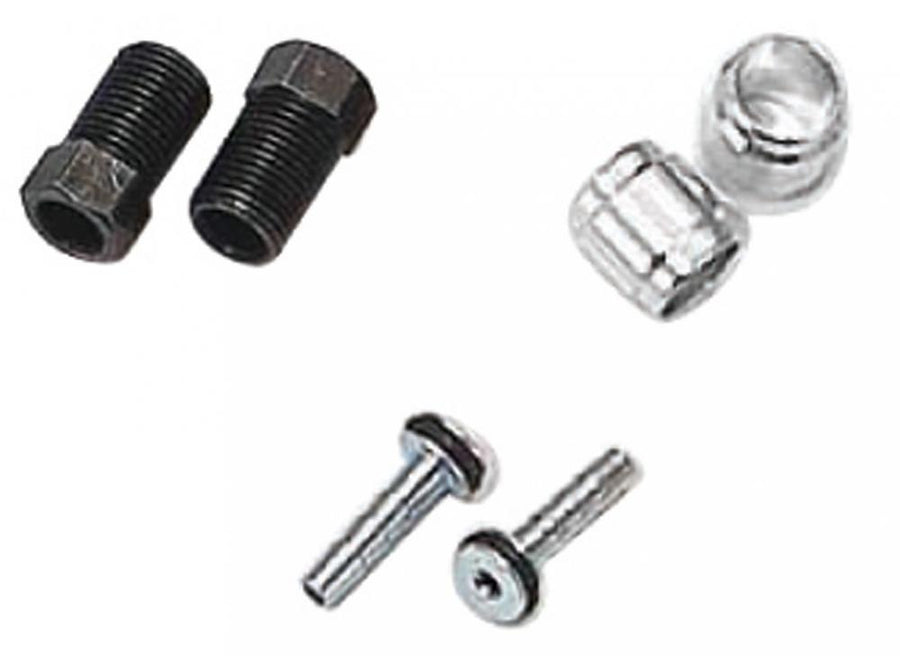 XLC Anschlusskit für Formula Scheibenbremsleitung: Fittings, Oliven und Inserts in Schwarz und Silber.