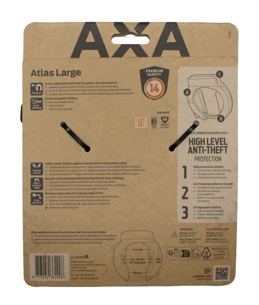 Axa Rahmenschloss Atlas L Rahmenschloss 72 - 5 mm Schwarz (Schlüssel nicht abziehbar) - Hochsicheres Fahrradschloss mit Sicherheitsstufe 14