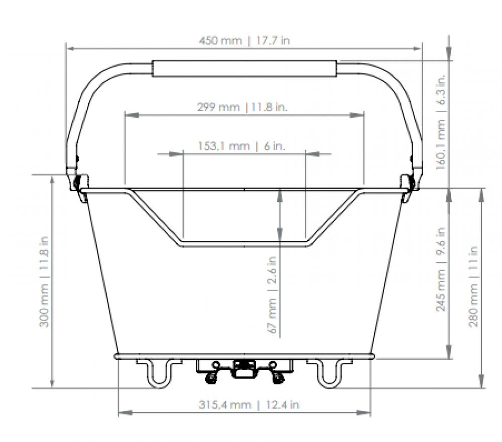 Racktime Bask-it Deluxe Fahrradkorb 23L Snapit-System, technische Zeichnung mit Maßen und gummiertem Griff.